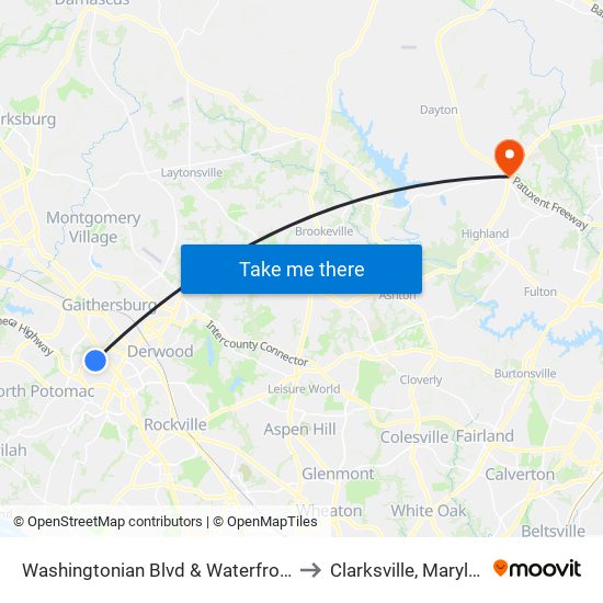 Washingtonian Blvd & Waterfront Pl to Clarksville, Maryland map