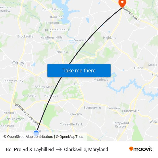 Bel Pre Rd & Layhill Rd to Clarksville, Maryland map
