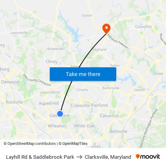 Layhill Rd & Saddlebrook Park to Clarksville, Maryland map
