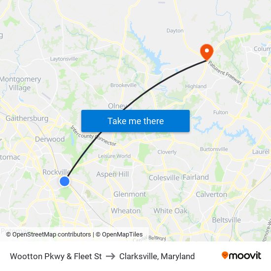 Wootton Pkwy & Fleet St to Clarksville, Maryland map