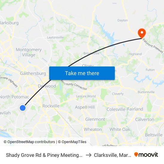 Shady Grove Rd & Piney Meetinghouse Rd to Clarksville, Maryland map