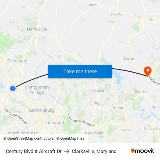 Century Blvd & Aircraft Dr to Clarksville, Maryland map