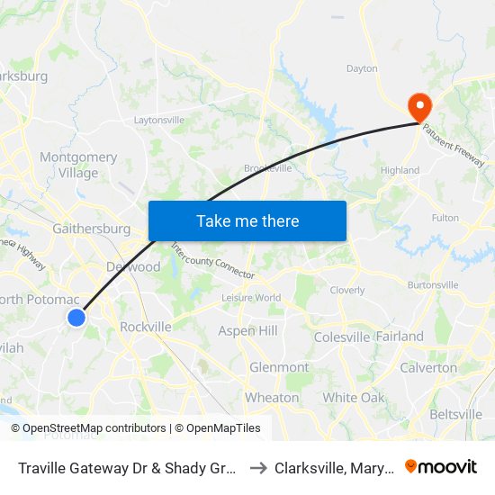Traville Gateway Dr & Shady Grove Rd to Clarksville, Maryland map