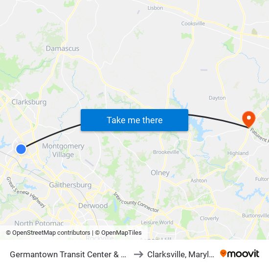 Germantown Transit Center & Bay F to Clarksville, Maryland map