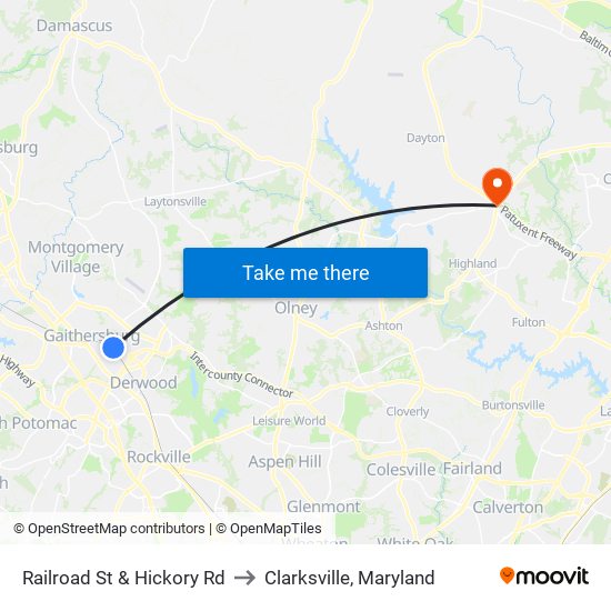 Railroad St & Hickory Rd to Clarksville, Maryland map