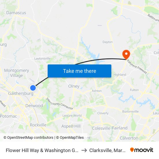 Flower Hill Way & Washington Grove Ln to Clarksville, Maryland map