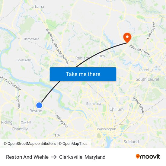 Reston And Wiehle to Clarksville, Maryland map