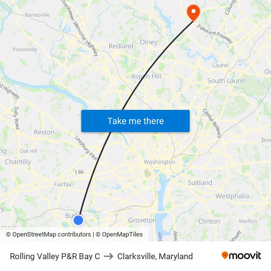 Rolling Valley P&R Bay C to Clarksville, Maryland map