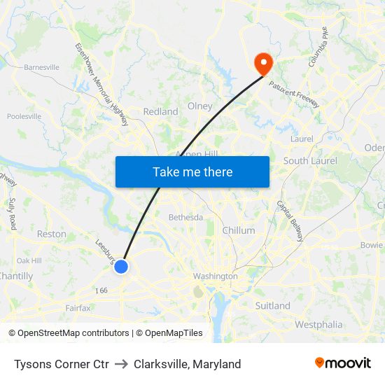 Tysons Corner Ctr to Clarksville, Maryland map