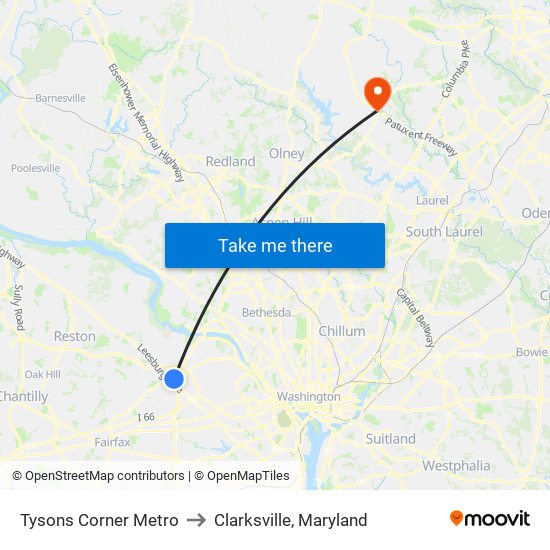 Tysons Corner Metro to Clarksville, Maryland map