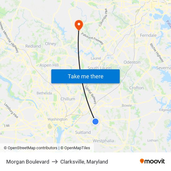 Morgan Boulevard to Clarksville, Maryland map