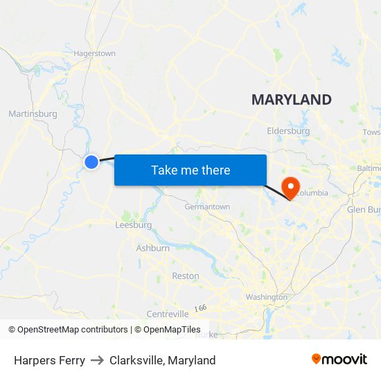 Harpers Ferry to Clarksville, Maryland map