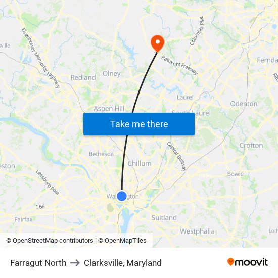 Farragut North to Clarksville, Maryland map