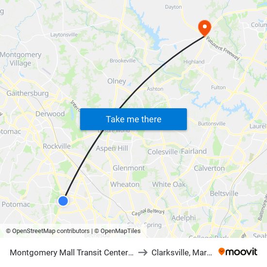 Montgomery Mall Transit Center & Bay B to Clarksville, Maryland map
