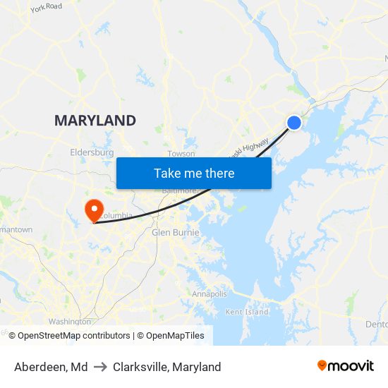 Aberdeen, Md to Clarksville, Maryland map