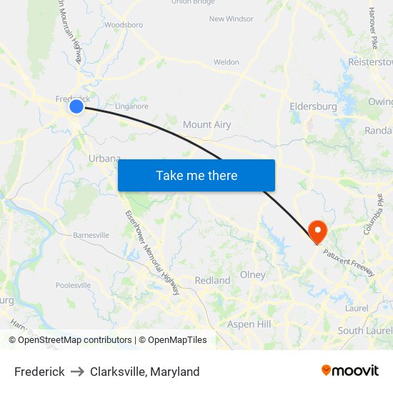 Frederick to Clarksville, Maryland map