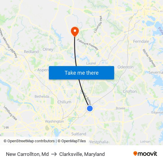 New Carrollton, Md to Clarksville, Maryland map