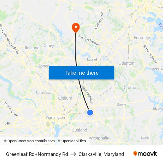 Greenleaf Rd+Normandy Rd to Clarksville, Maryland map