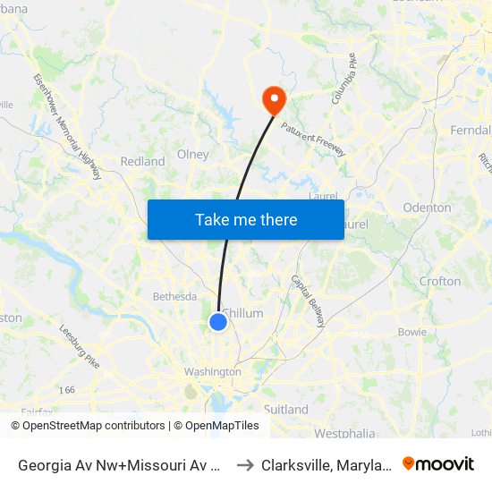 Georgia Av Nw+Missouri Av NW to Clarksville, Maryland map