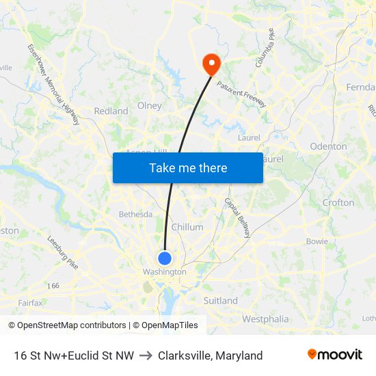 16 St Nw+Euclid St NW to Clarksville, Maryland map