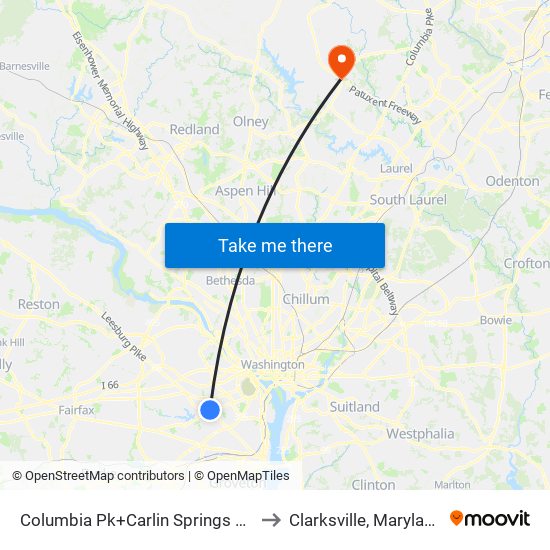 Columbia Pk+Carlin Springs Rd to Clarksville, Maryland map