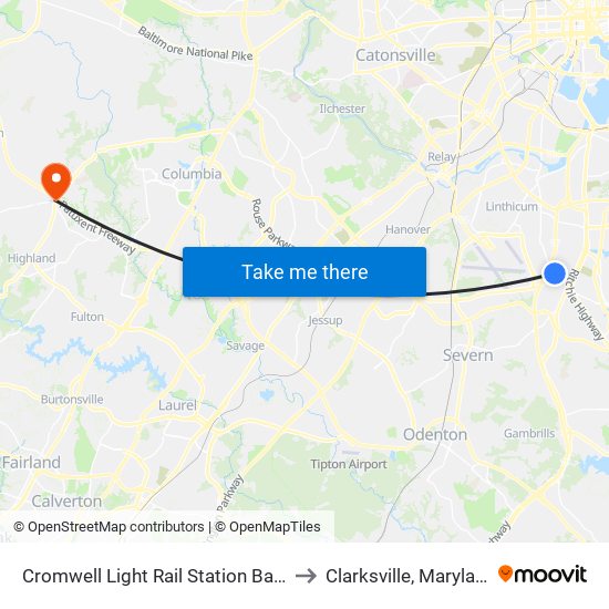 Cromwell Light Rail Station Bay 1 to Clarksville, Maryland map