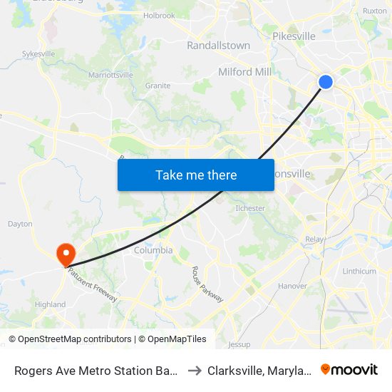 Rogers Ave Metro Station Bay 6 to Clarksville, Maryland map