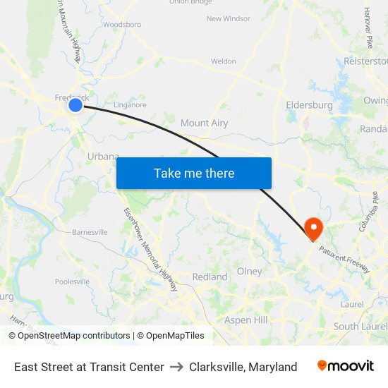 East Street at Transit Center to Clarksville, Maryland map