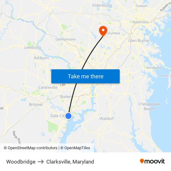 Woodbridge to Clarksville, Maryland map