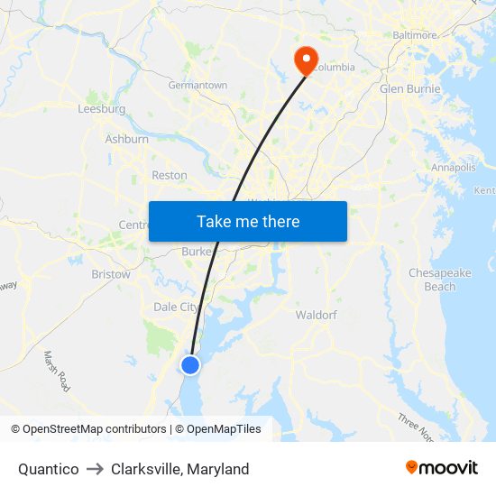 Quantico to Clarksville, Maryland map