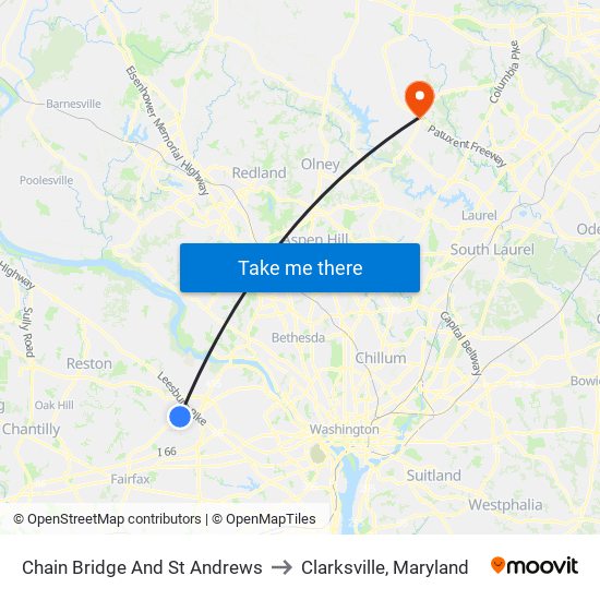 Chain Bridge And St Andrews to Clarksville, Maryland map