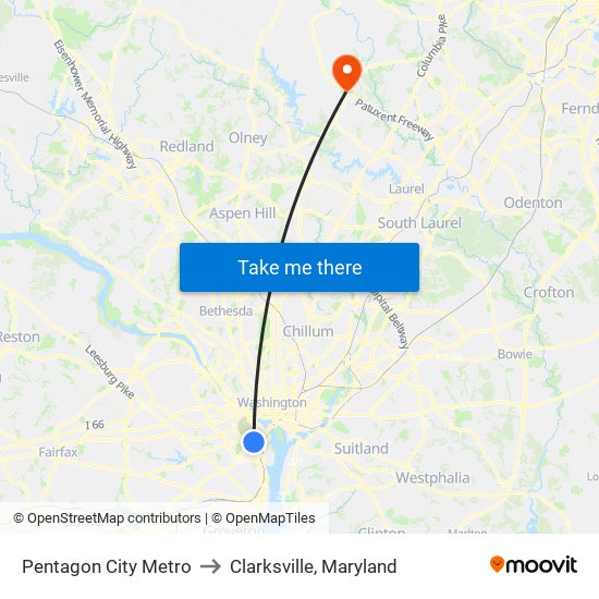 Pentagon City Metro to Clarksville, Maryland map