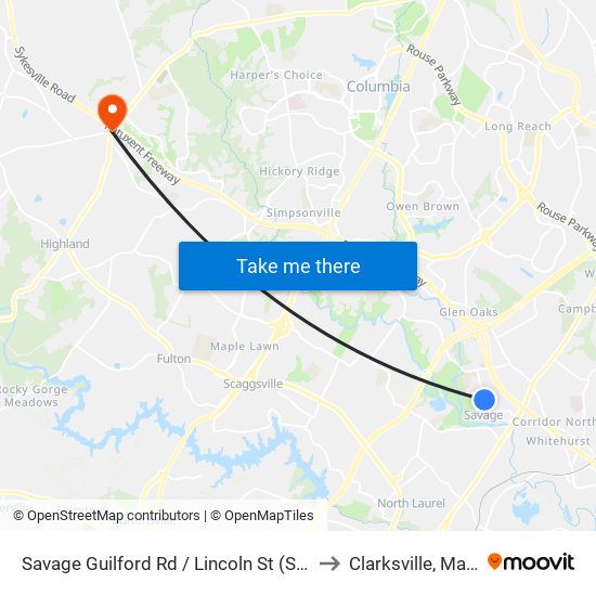 Savage Guilford Rd / Lincoln St (Southbound) to Clarksville, Maryland map