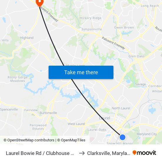 Laurel Bowie Rd / Clubhouse Blvd to Clarksville, Maryland map