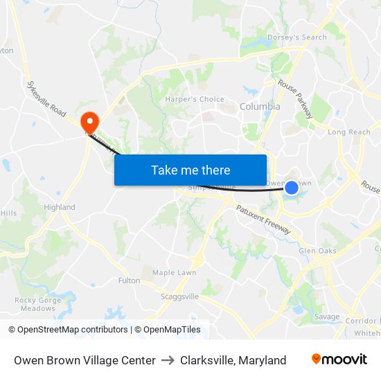 Owen Brown Village Center to Clarksville, Maryland map