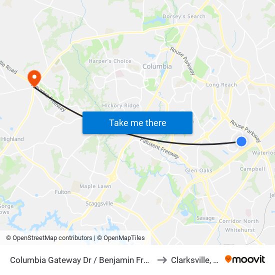 Columbia Gateway Dr / Benjamin Franklin Dr (Southbound) to Clarksville, Maryland map