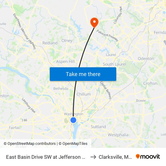 East Basin Drive SW at Jefferson Memorial (Wb) to Clarksville, Maryland map