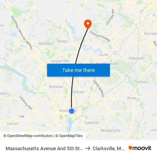 Massachusetts Avenue And 5th Street NW (Eb) to Clarksville, Maryland map