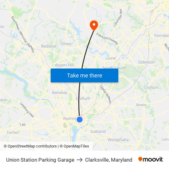 Union Station Parking Garage to Clarksville, Maryland map