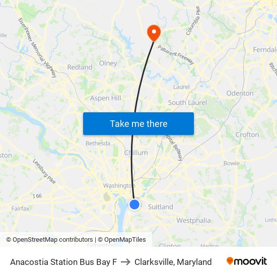 Anacostia Station Bus Bay F to Clarksville, Maryland map