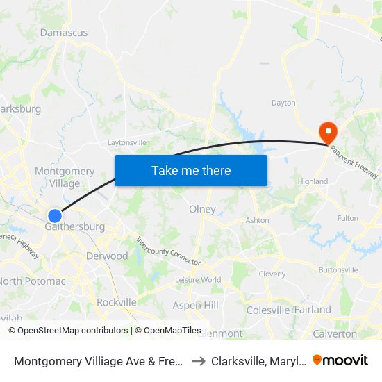 Montgomery Villiage Ave & Frederick to Clarksville, Maryland map