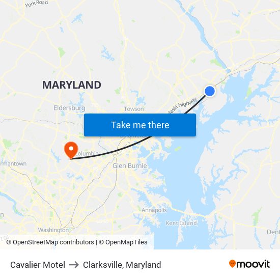 Cavalier Motel to Clarksville, Maryland map