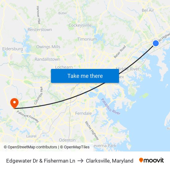 Edgewater Dr & Fisherman Ln to Clarksville, Maryland map