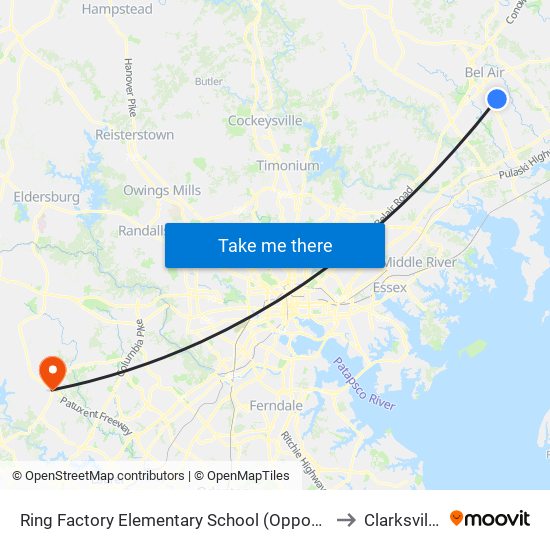 Ring Factory Elementary School (Opposite Emmorton Rd/Rt 924 & Lexington Rd) to Clarksville, Maryland map