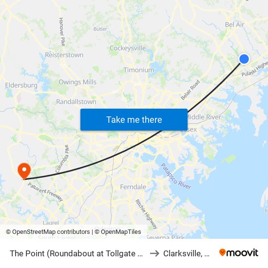 The Point (Roundabout at Tollgate Rd & Westover Ln) to Clarksville, Maryland map