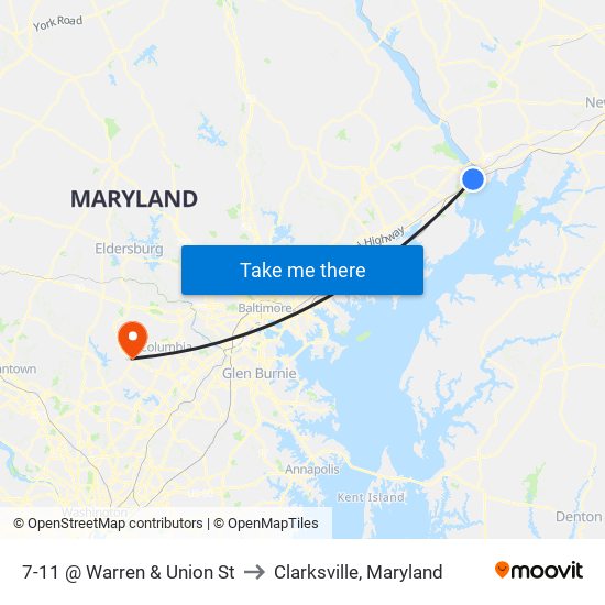 7-11 @ Warren & Union St to Clarksville, Maryland map