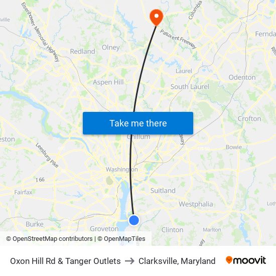 Oxon Hill Rd & Tanger Outlets to Clarksville, Maryland map