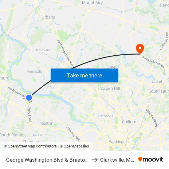 George Washington Blvd & Braeton Bay Terrace to Clarksville, Maryland map