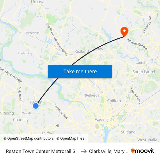 Reston Town Center Metrorail Station to Clarksville, Maryland map