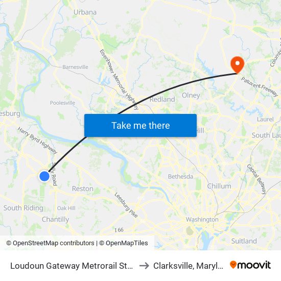 Loudoun Gateway Metrorail Station to Clarksville, Maryland map